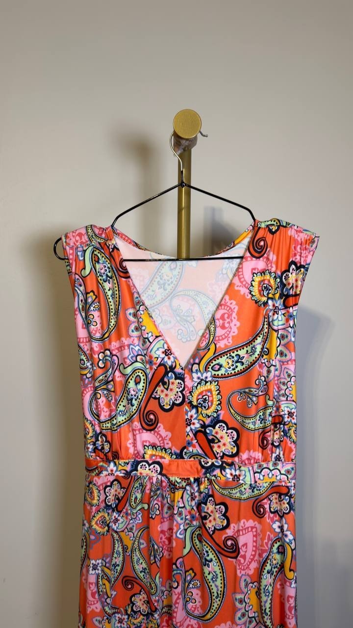 24seven Comfort Apparel Plus V‑Neck Sleeveless Maxi Dress Coral Multi 1X NWT $64