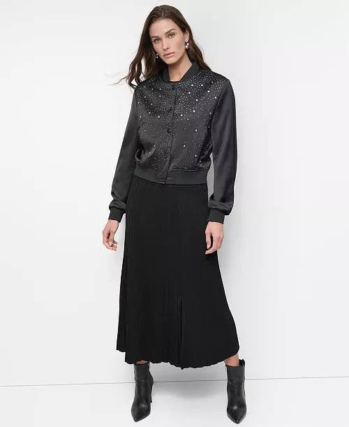 DKNY Studded Snap‑Front Bomber Jacket – Size S – Black – NWT