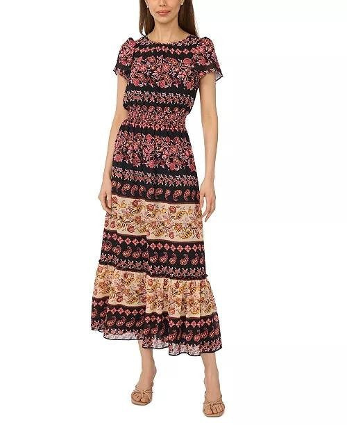 CeCe Short-Sleeve Printed Maxi Dress Rich Black M NWT $139