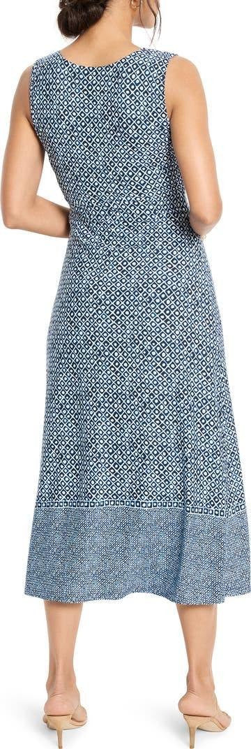 Nic + Zoe Ella Coastal Geo Print Fit & Flare Midi Dress Blue Multi L NWT
