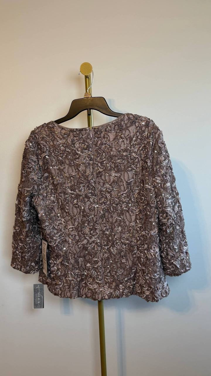 Alex Evenings Petite Lace Square‑Neck 3/4‑Sleeve Top Mink XL NWT $139