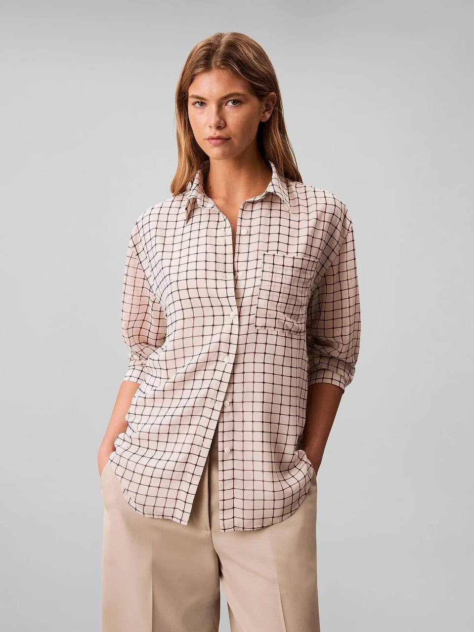 Calvin Klein Blusa con Bolsillo y Manga Enrollable Multi M NWT $79