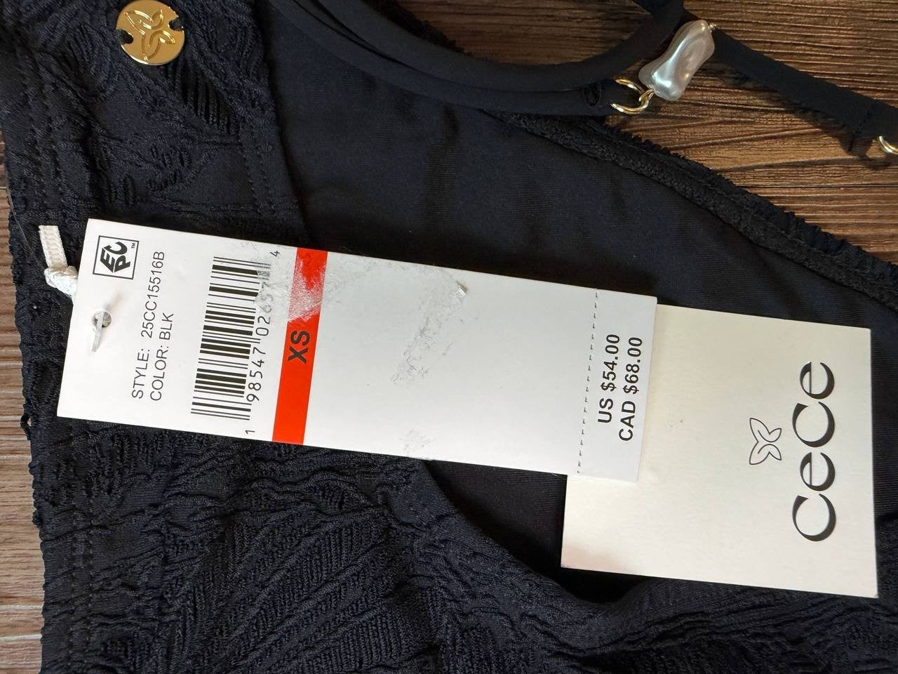 CeCe Solid Textured Tie Side Mid Rise Swim Bottoms Black XS NWT $54