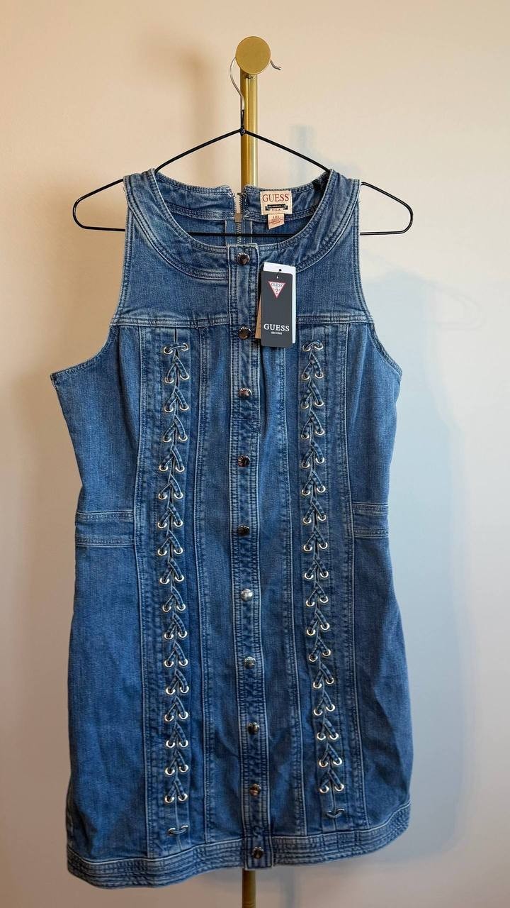 Guess Lisbeth Midi Denim Dress Lace Up Blue Size L NWT $188