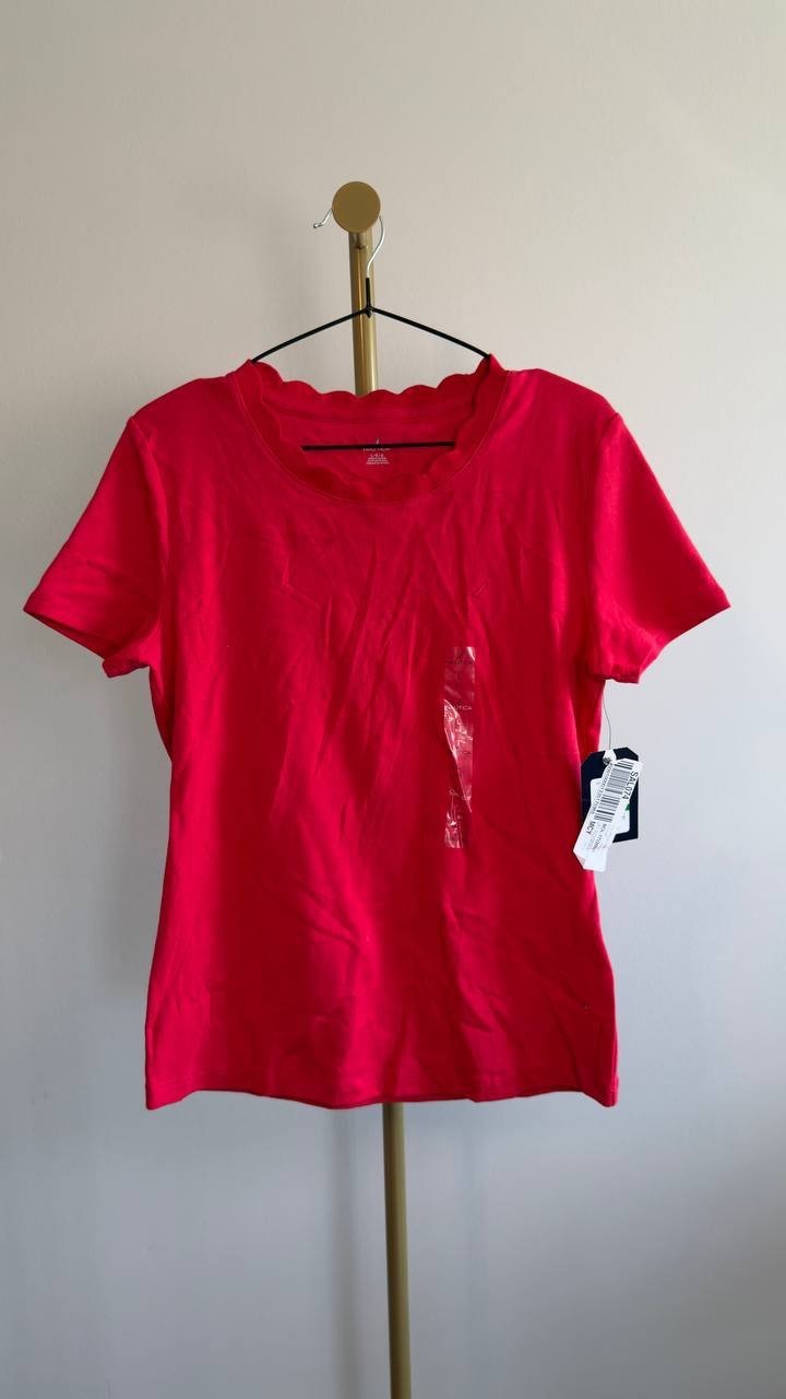 Nautica Women’s Scallop-Trim Cotton Short-Sleeve T-Shirt Red L NWT $39.50