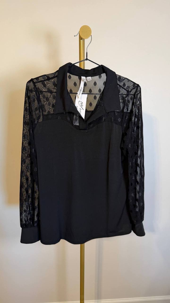 NY Collection Women’s Mesh Sleeve Top Black PL Petite $44 NWT