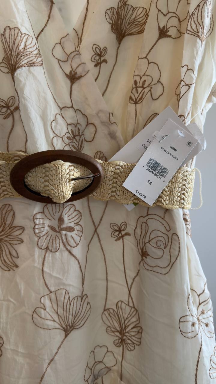 Taylor Embroidered V‑Neck Belted Dress Vanilla Walnut 14 NWT $149