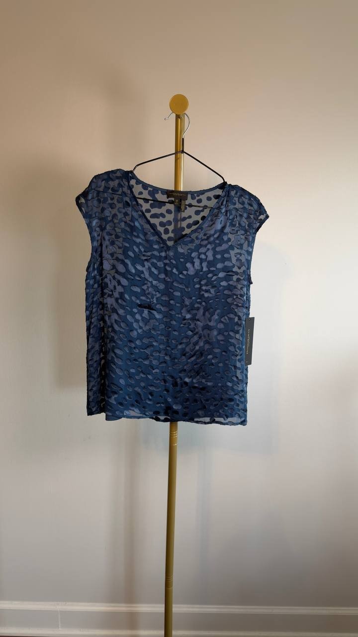 Donna Karan New York Cap‑Sleeve Silk‑Blend Burnout Blouse XS Blue NWT $129