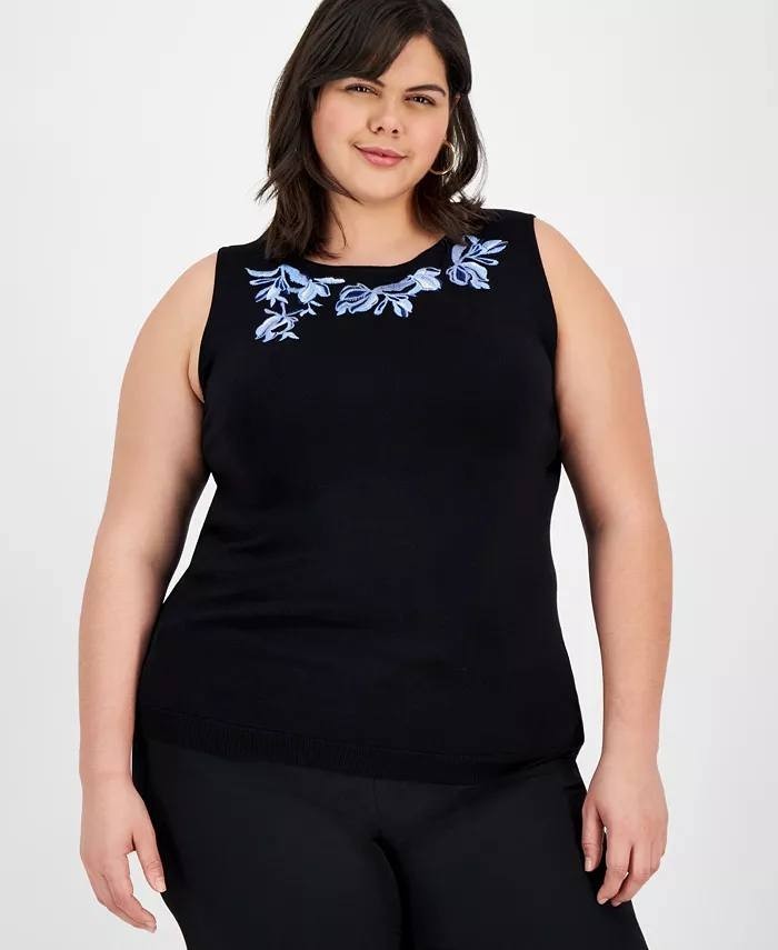 Kasper Sleeveless Embroidered Boat Neck Blouse Black 2X NWT $69