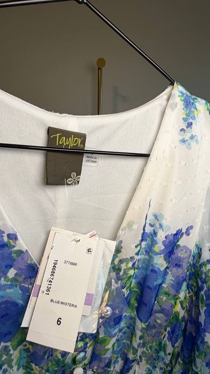 Taylor Printed V-Neck Smocked-Waist Dress Blue/Wisteria 6 NWT $139