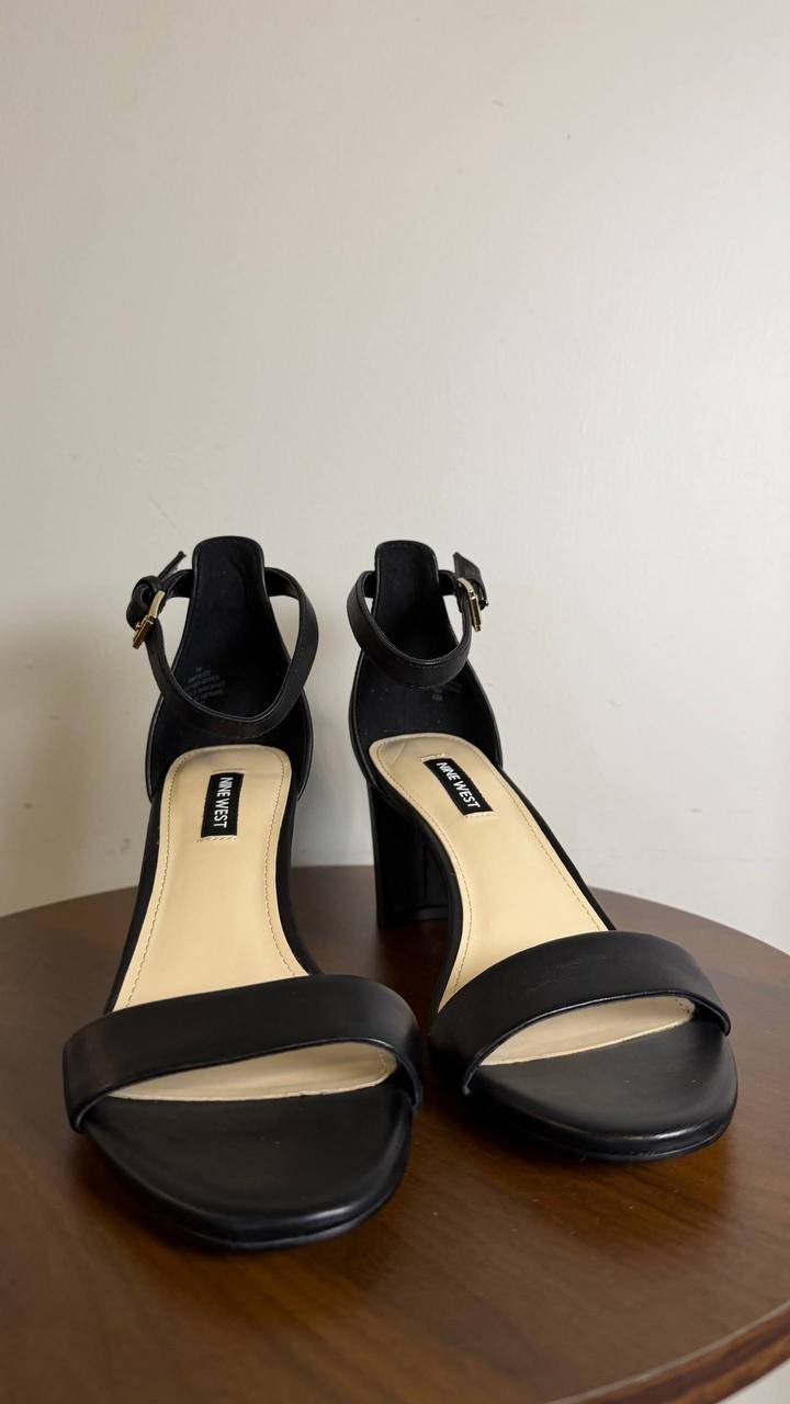 Nine West Pruce Ankle Strap Block Heel Sandals Black Leather Women’s 7M NWB $89
