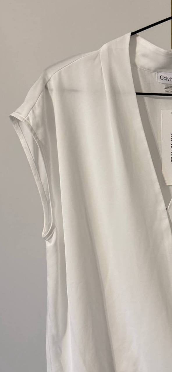Calvin Klein White Faux‑Wrap Blouse XL NWT Cap‑Sleeve Modern Top msrp$59
