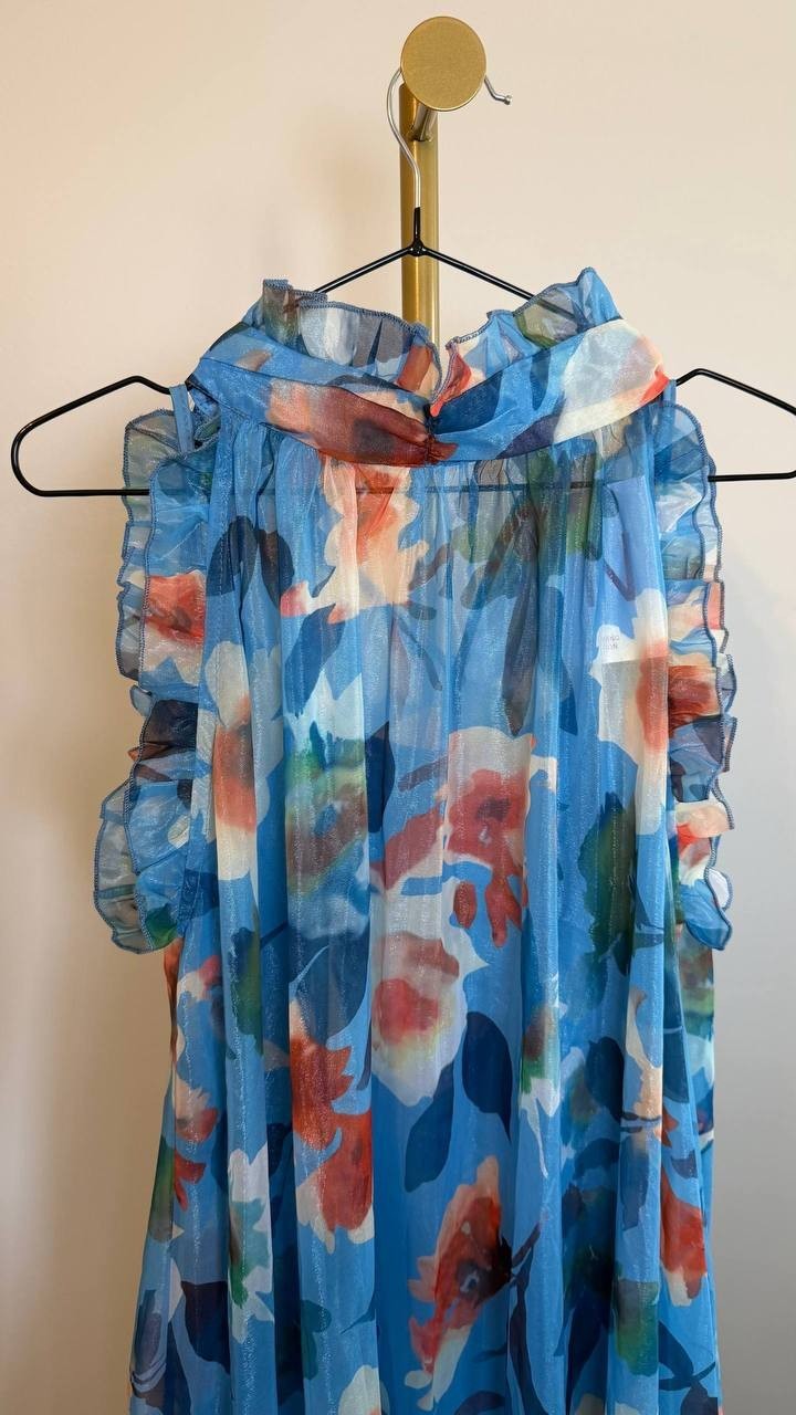 Nancy Yang Floral Maxi Dress Blue Multi Size M NWT Ruffled Skirt Summer Event