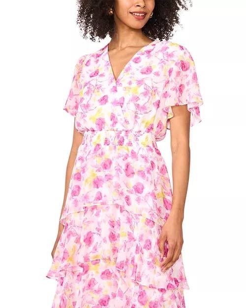 Vince Camuto Flutter Sleeve Tiered Midi Dress – Violet Blush, Size L