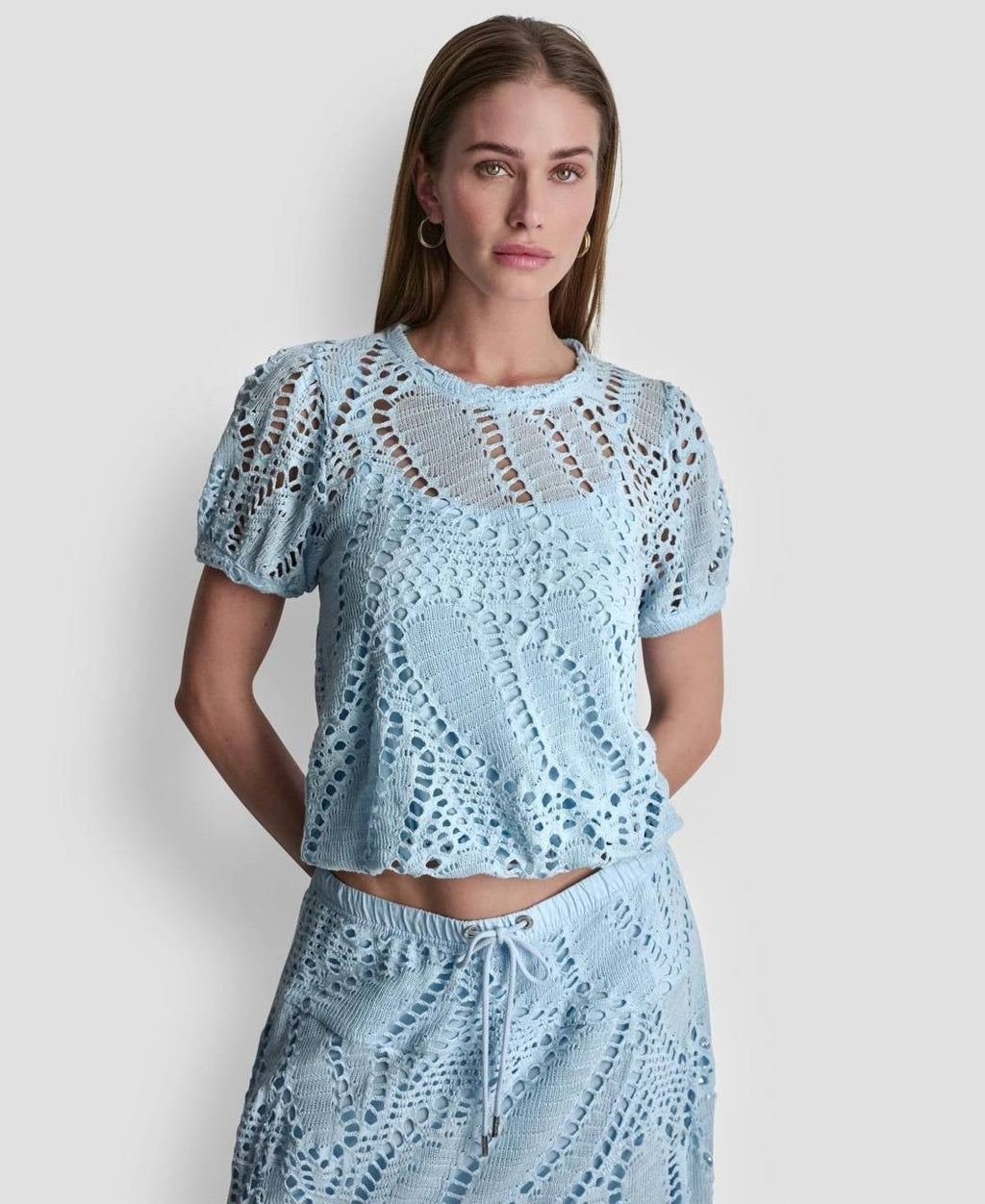 DKNY Leaf Crochet Short‑Sleeve Cotton Top Blue M NWT $99