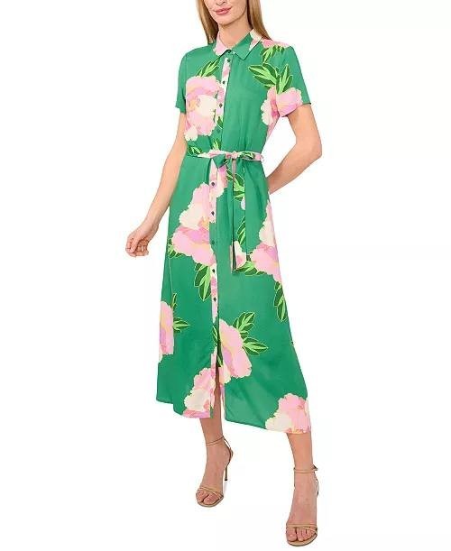 CeCe Garden Floral Button-Front Midi Shirtdress – Size L