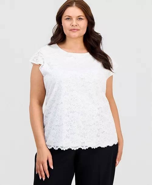 Kasper Plus Size Stretch Lace Flutter-Sleeve Top Lily White 3X NWT $69