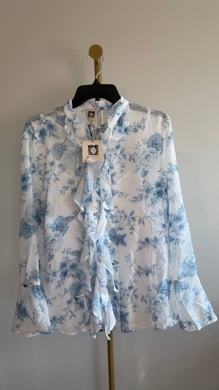 Anne Klein Floral Ruffle Tie‑Neck Blouse L White Multi NWT $99