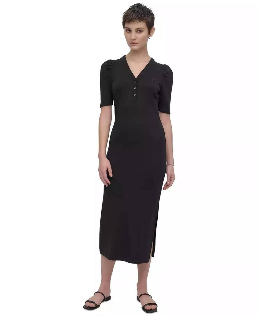 DKNY Puff‑Sleeve Henley Midi Dress- Black – Size XL – NWT – MSRP$79