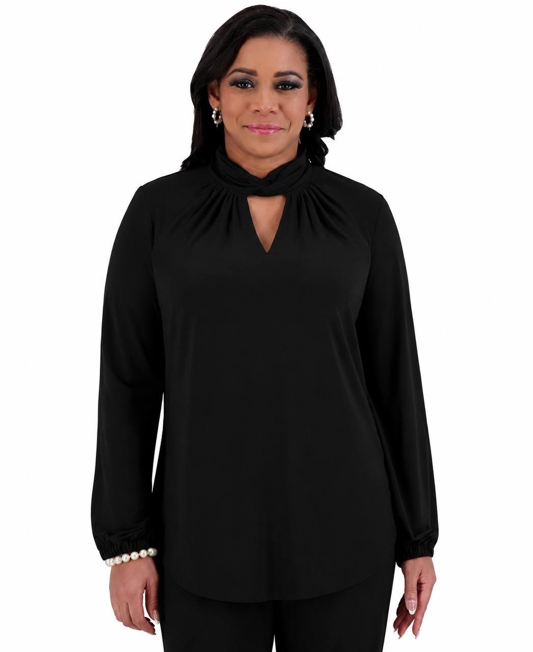 Kasper Twisted Mock Neck Long‑Sleeve Top Black XS NWT $69