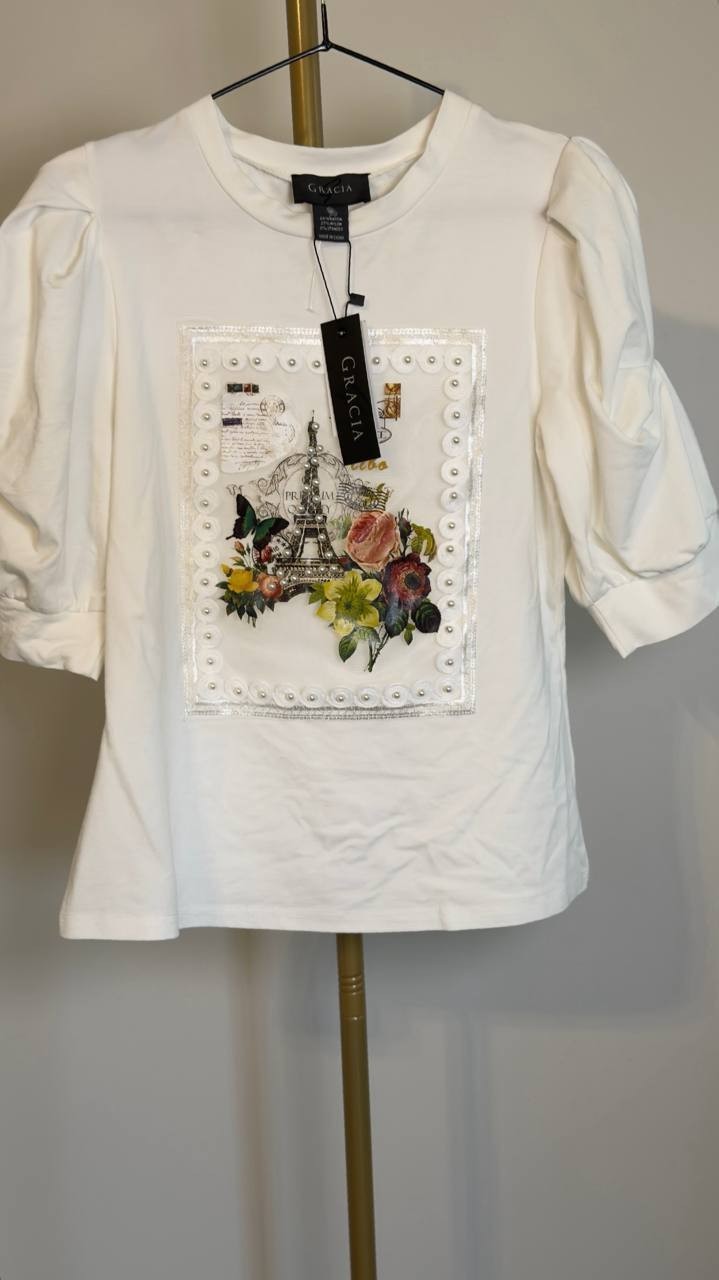 Gracia White Puff-Sleeve Embellished Lace Trim Top M NWT $49.99