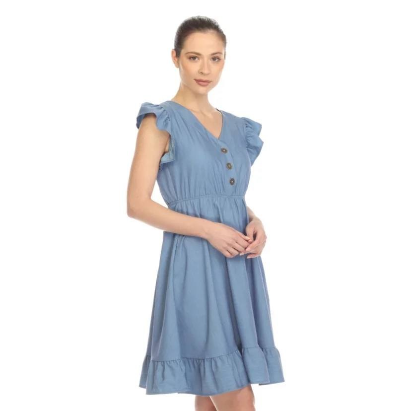 White Mark Ruffle Sleeve Button-Front Knee-Length Dress Blue L NWT $76