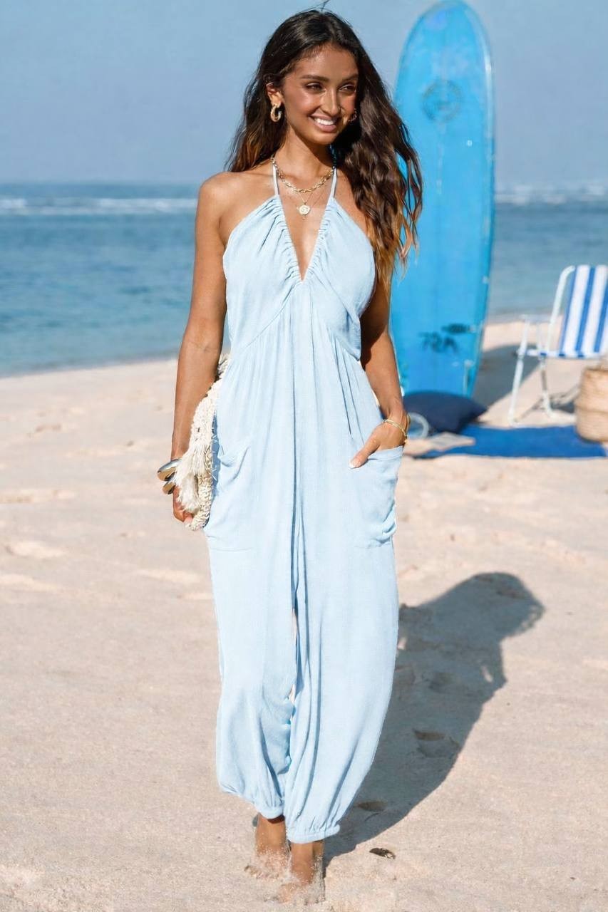 Cupshe Light Cornflower Halter Jumpsuit Size M NWT Soft Blue Casual Summer