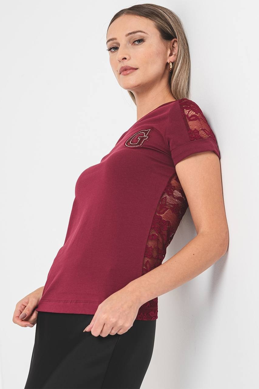 Guess Women’s Lace Sleeve Rhinestone Logo Tee Burgundy XS $50 NWT