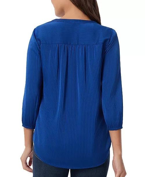 Jones New York Petite Striped Blouson‑Sleeve V‑Neck Blouse Blue PM $69.50 NWT