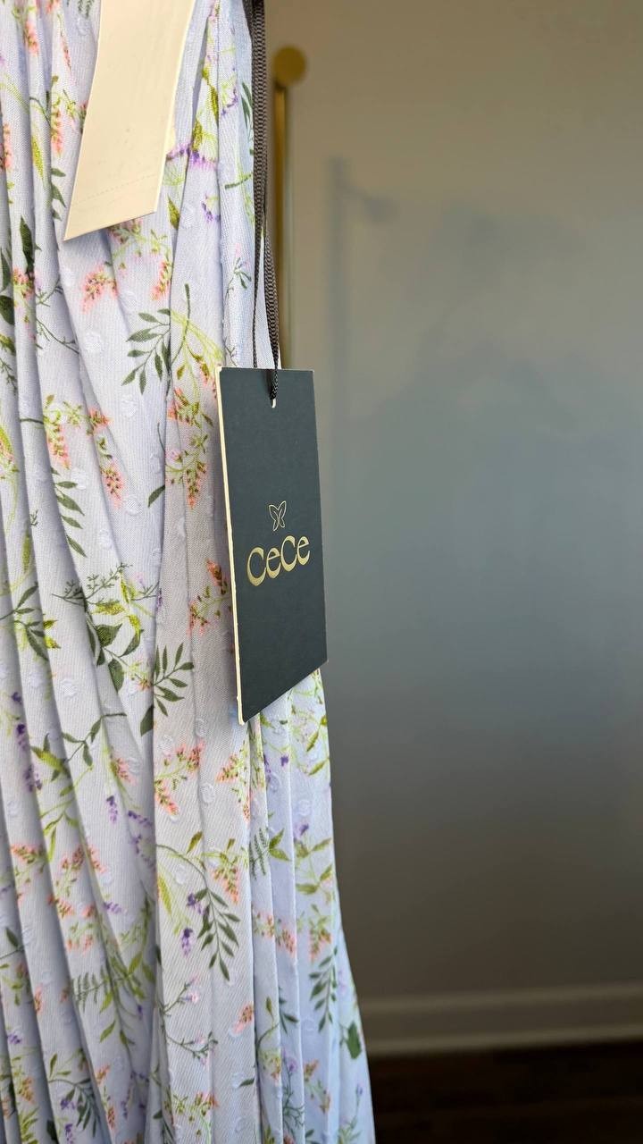 CeCe Pleated Floral‑Print Keyhole Dress Periwinkle M NWT $138
