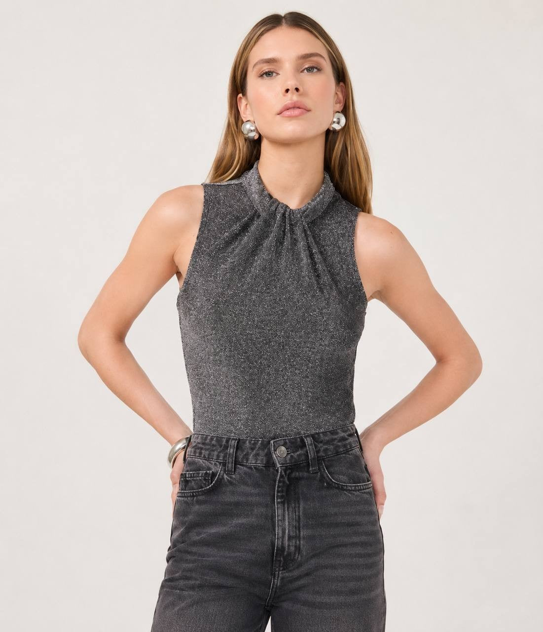 1.STATE Metallic Pleated Sleeveless Top Rich Black XL NWT $59