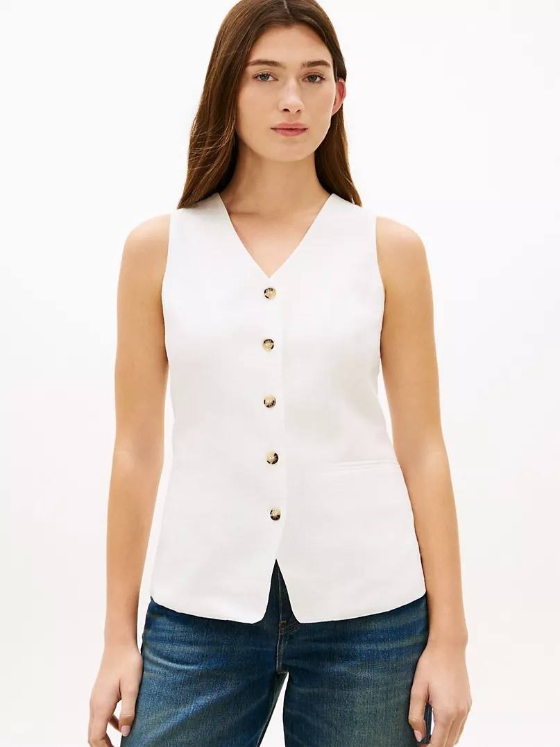 Tommy Hilfiger Women’s Slim Fit Linen‑Blend Vest Hibiscus 4 NWT $99.50