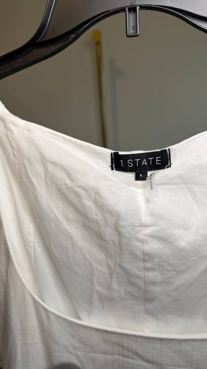 1.STATE Scoop‑Neck Full‑Circle Linen‑Blend Mini Dress White L NWT $99