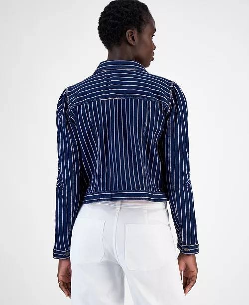 Nautica Jeans Striped Denim Puff‑Shoulder Jacket –Blue– XS – NWT – $109.50