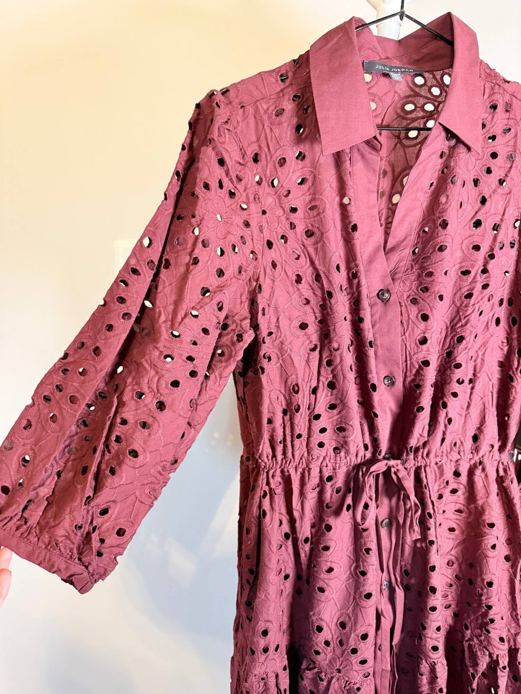 Julia Jordan Women’s Eyelet Tie‑Waist 3/4‑Sleeve Midi Dress – Wine – Size 6  NWT