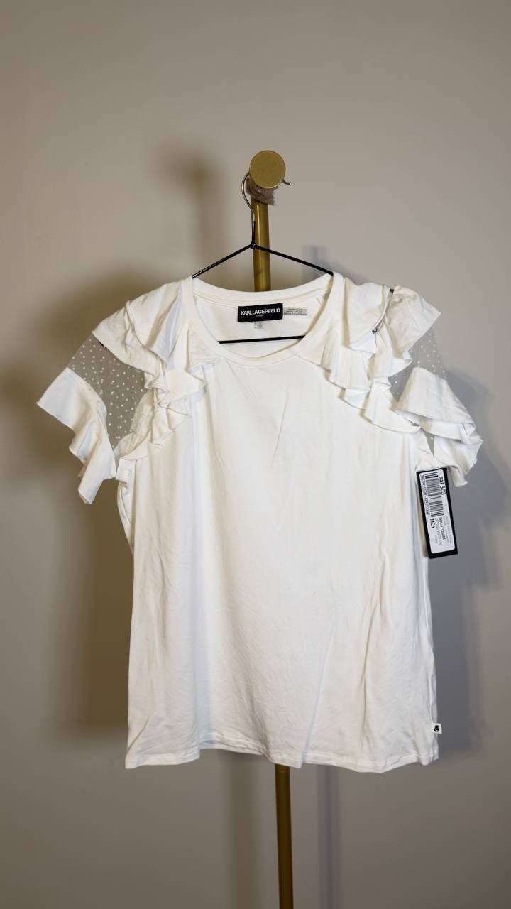 Karl Lagerfeld Paris Ruffle Mesh Short Sleeve Top White S NWT $79