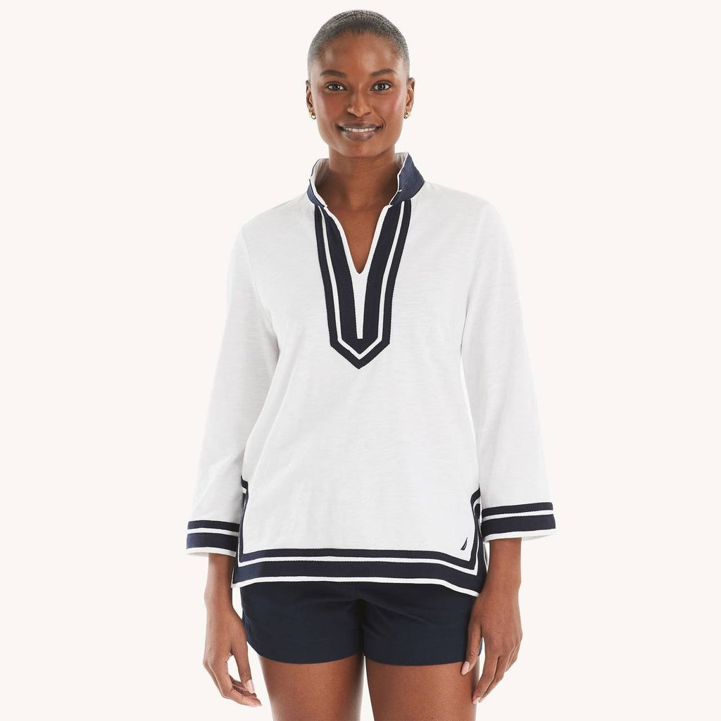 Nautica V-Neck Tunic Top White XL NWT Cotton Knit Long Sleeve Relaxed Fit