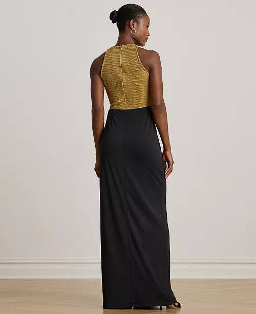 Lauren Ralph Lauren Beaded Mesh Jersey Tie-Front Gown Gold/Black 8 NWT $45