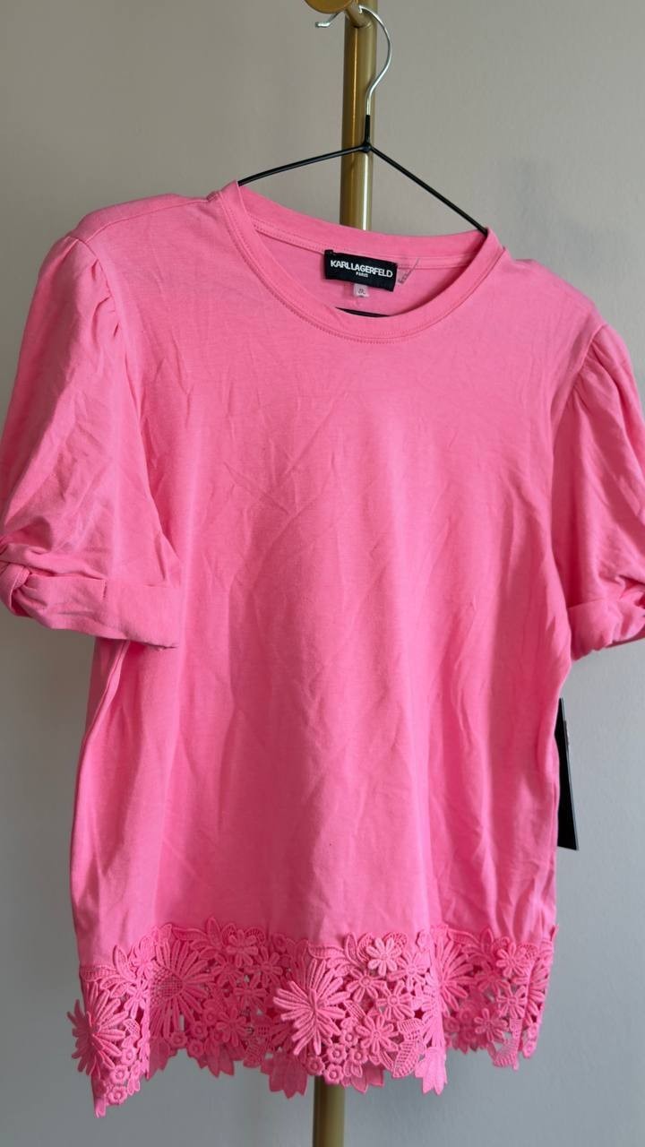 Karl Lagerfeld Cotton & Modal Floral Lace Hem Tee Pink Carnation XS NWT $79