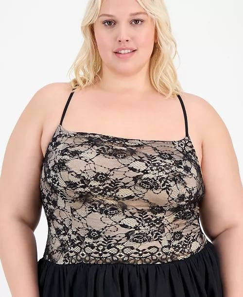 B Darlin Plus Lace Bubble‑Hem Dress Black 20W NWT $168