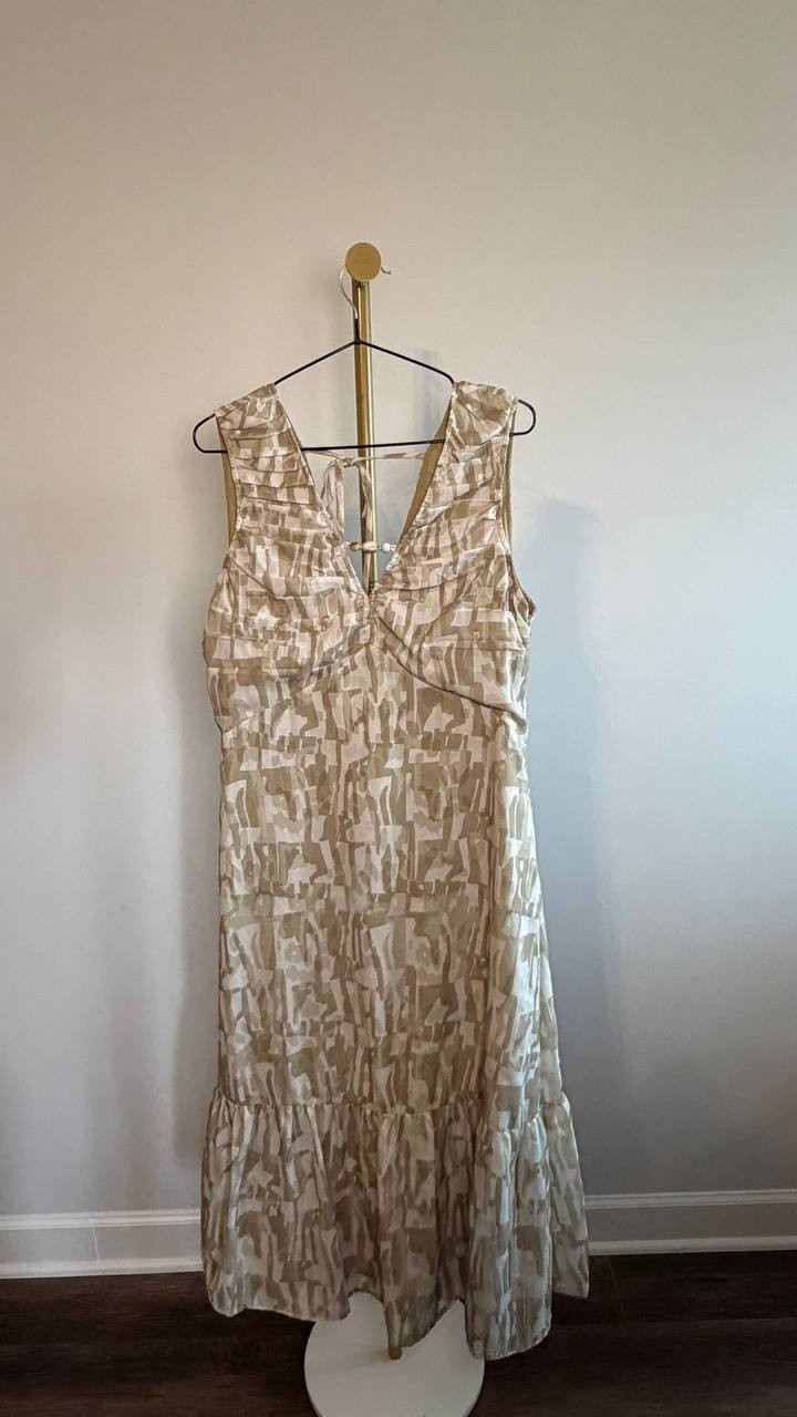 DKNY City Burnout Beaded‑Trim V‑Neck Dress Beige M NWT $139