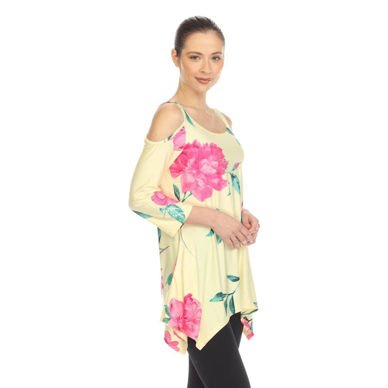 White Mark Women’s Floral Printed Cold Shoulder Tunic Yellow Pink XL NWT $68