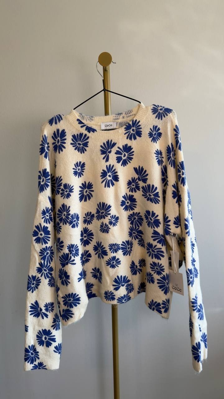 CeCe Flower Print Long‑Sleeve Crewneck Sweater Birch XL NWT $79