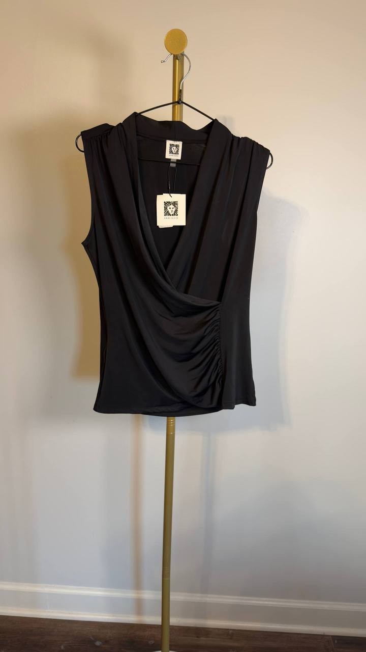 Anne Klein Sleeveless Shirred Surplice Top Black M NWT $59