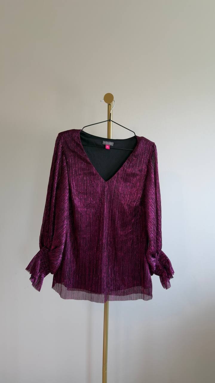Vince Camuto Metallic Blouson V‑Neck Top Rich Purple L NWT $79