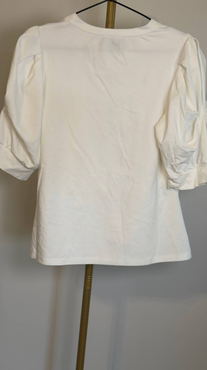Gracia White Puff-Sleeve Embellished Lace Trim Top M NWT $49.99