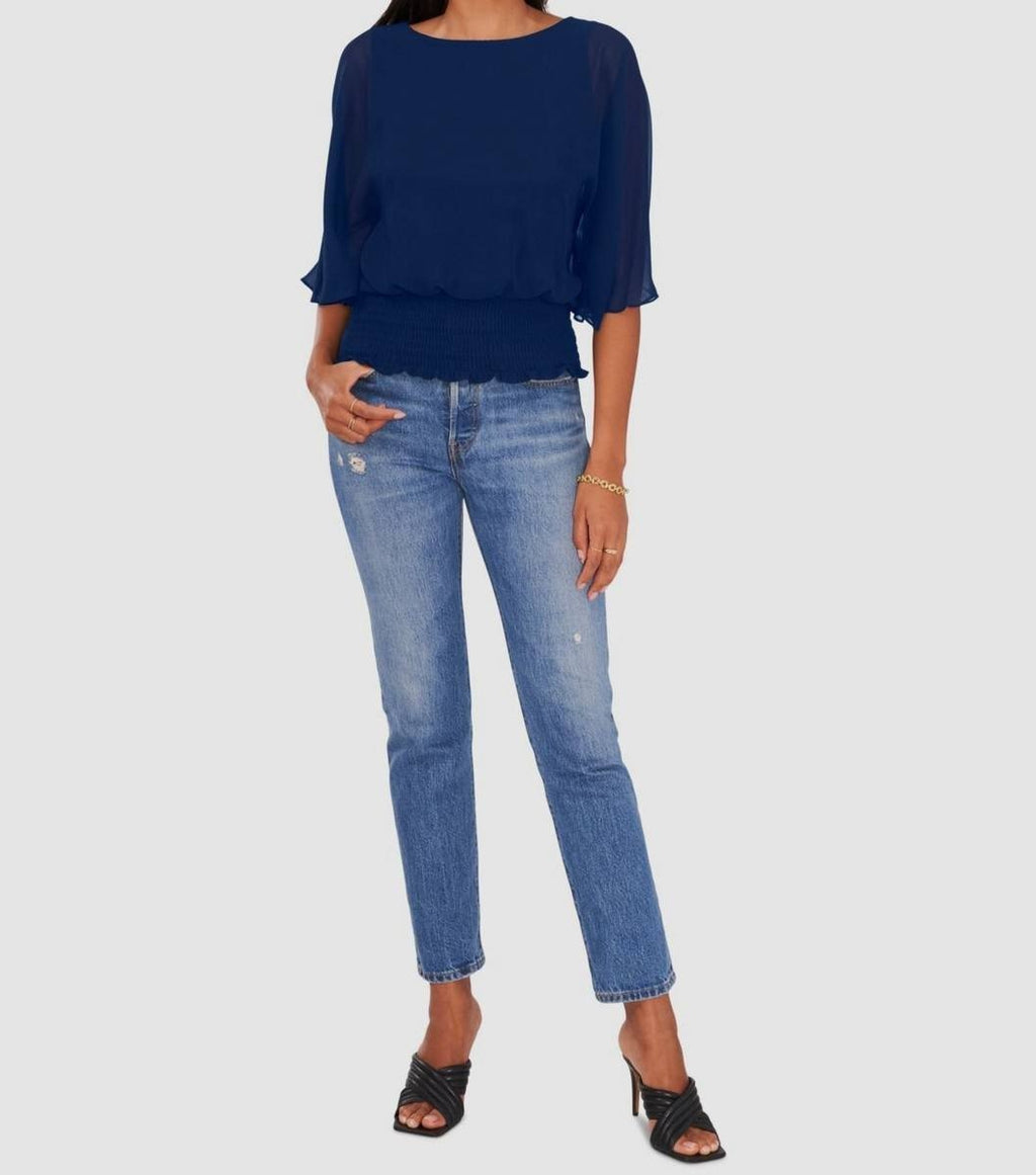 Sam & Jess Smocked‑Waist 3/4 Kimono Sleeve Top Navy L NWT $69
