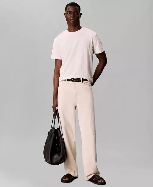 Calvin Klein Vertical Stripe Textured Crewneck T‑Shirt Tofu L NWT $59