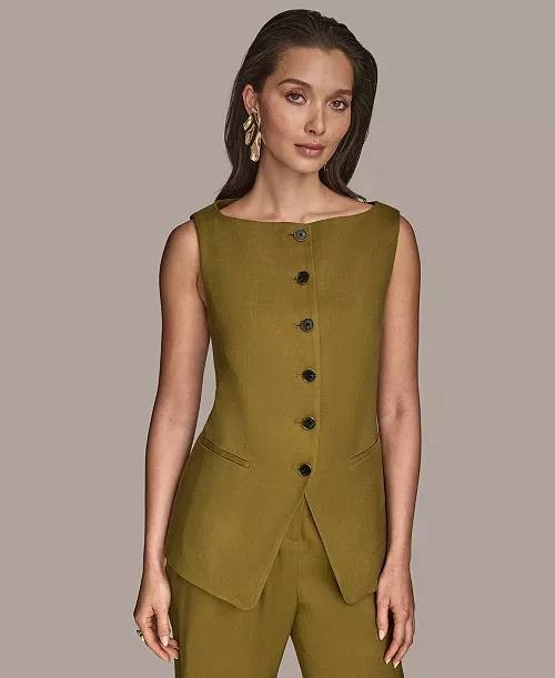 Donna Karan New York Linen‑Blend Vest Olive 14 NWOT $159