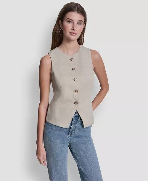 DKNY Jeans Linen‑Blend Crewneck Button‑Front Vest Pebble S NWOT $79